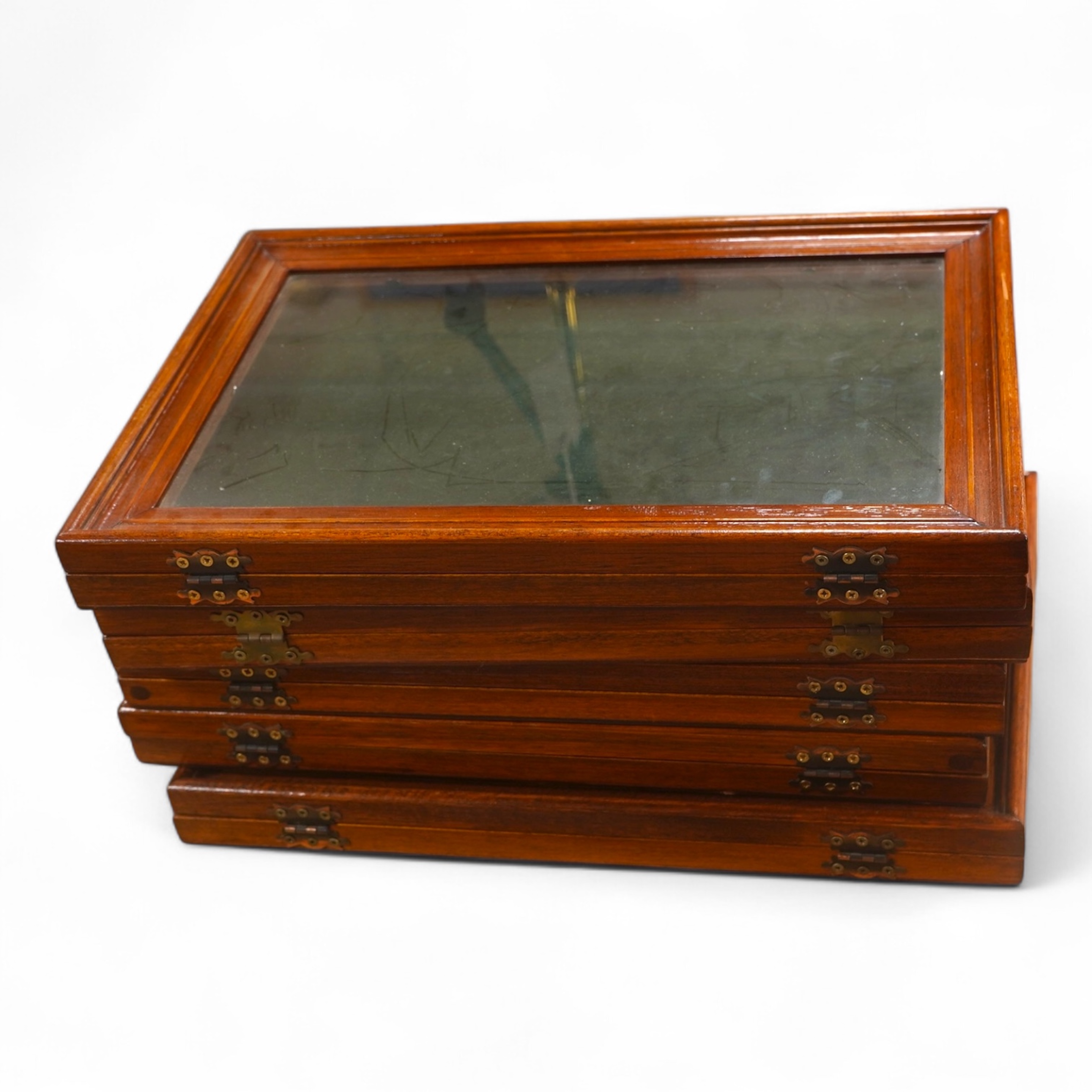 A collection of five small portable wooden and glass jewellery display cases. 4cm high x 40.5cm wide x 28cm deep. Condition - good